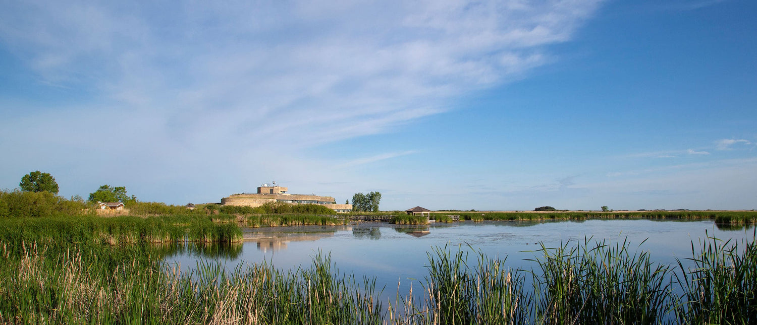 Castle or fort on an island with a lake and grassy area under a blue sky.